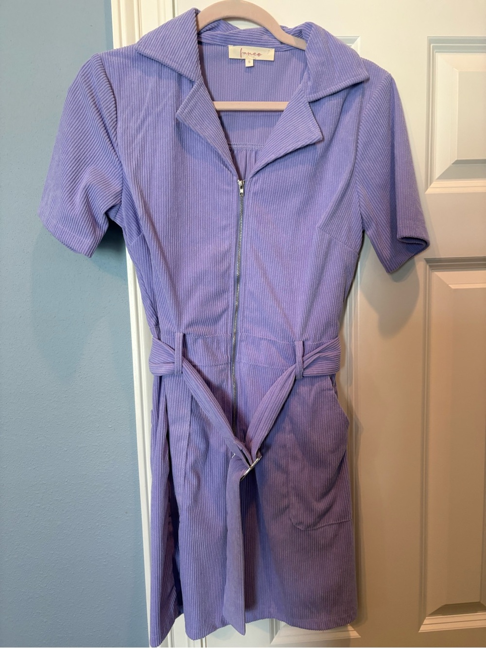 Lavender Corduroy Zip Front Dress with Belt